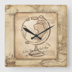 Relógio Quadrado Vintage Globe. Presente do professor de Geografia 