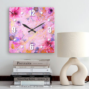 Relógio Quadrado Vintage gold pink floral aquarela romântica