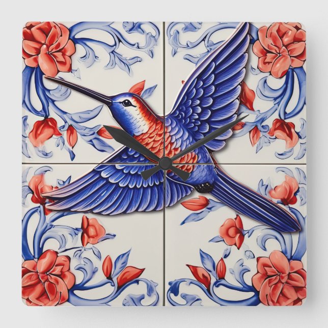 Relógio Quadrado Vintage Hummingbird Azulejo (Frente)