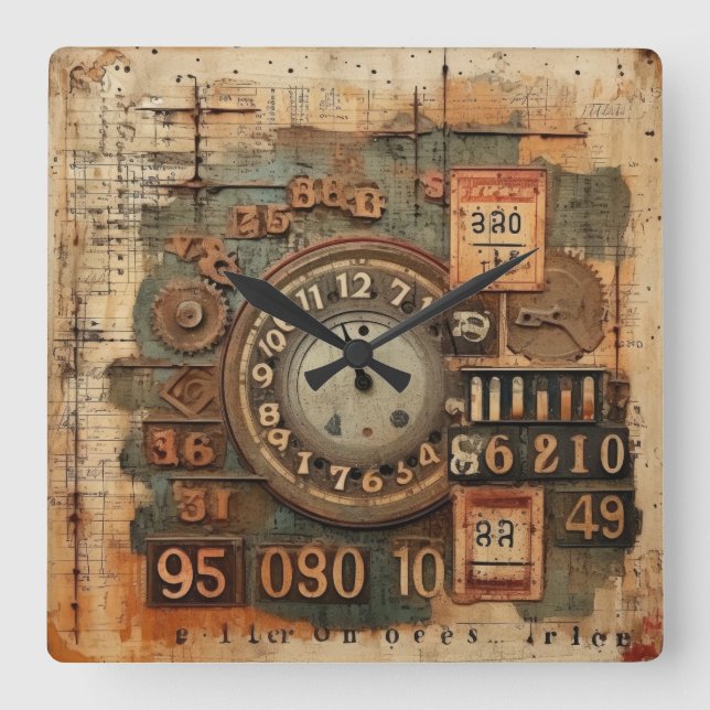 Relógio Quadrado Vintage Industrial Grunge Wall Clock (Frente)