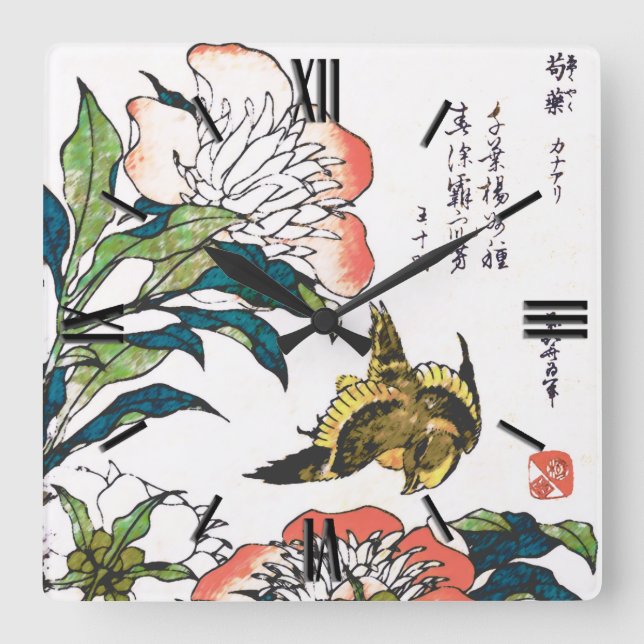 Relógio Quadrado Vintage Japanese drawing, Peonies and Sparrow (Frente)