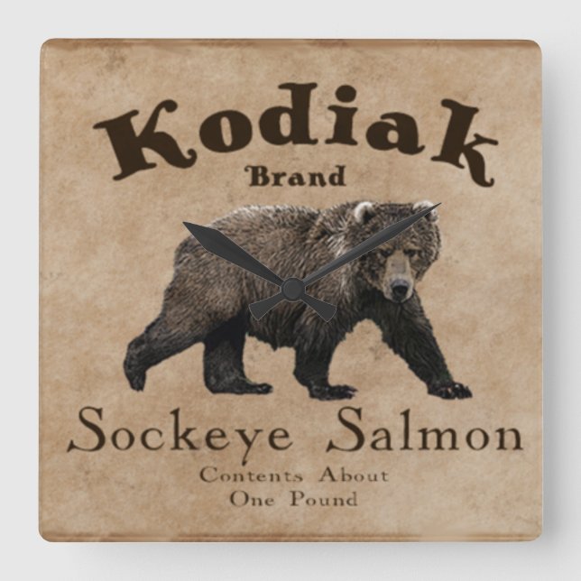 Relógio Quadrado Vintage Kodiak Salmon Label (Urso) (Frente)