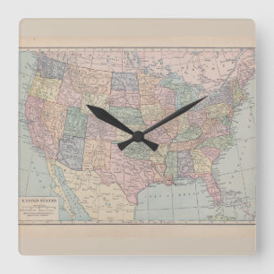 Relógio Quadrado Vintage Map of the United States of America Clock