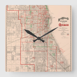 Relógio Quadrado Vintage - Mapa antigo de Chicago - 1893