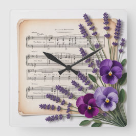 Relógio Quadrado Vintage Music and Lavender Pansies Floral
