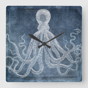 Relógio Quadrado Vintage Octopus Twilight Blue Denim Watercolor