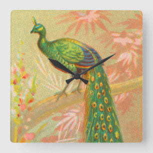Relógio Quadrado Vintage Peacock e pintura de flores