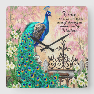 Relógio Quadrado Vintage Peacock Time Wall Clock