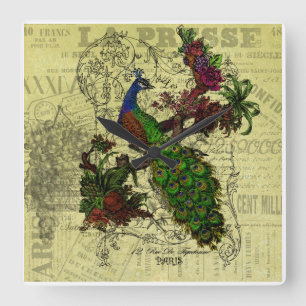 Relógio Quadrado Vintage Peacock Wall Clock