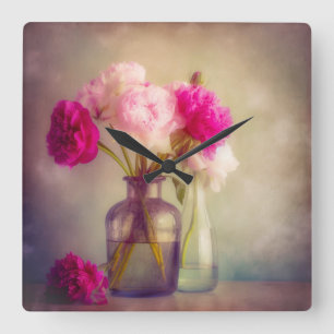 Relógio Quadrado Vintage Peony Buquê em Vaso de Vidro