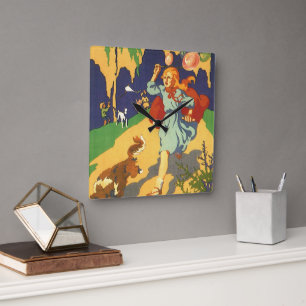 Relógio Quadrado Vintage Pequeno Cabelo Vermelho, Cachorro e Balões