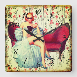 Relógio Quadrado Vintage prende garota retrô-cabeça-vermelha