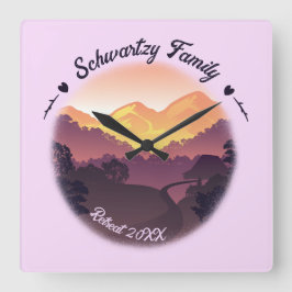 Relógio Quadrado Vintage Púrpura Farmhouse Amarelo Montanha Sunset