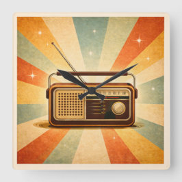 Relógio Quadrado Vintage Radio Retro Sunburst Wall Clock