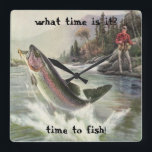 Relógio Quadrado Vintage Rainbow Trout Pescador Pesca de Peixes<br><div class="desc">Ilustração Vintage design desportiva com pescador pescando num rio. Uma truta arco-íris está saltando e saltando da água.</div>