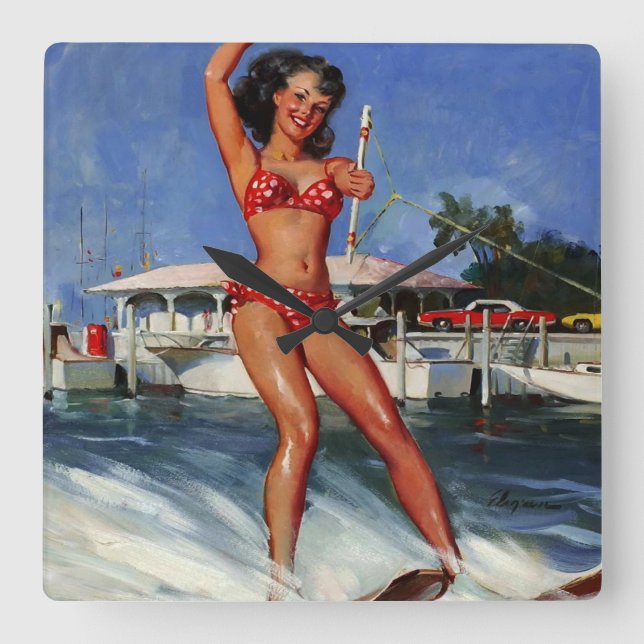 Relógio Quadrado Vintage Retro Water Ski pinça (Frente)