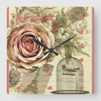 Relógio Quadrado Vintage Rosa e Birdcage Wall Clock