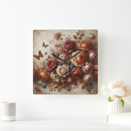 Relógio Quadrado Vintage Rosas com borboletas