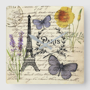 Relógio Quadrado vintage rustic borterfly paris eiffel torre