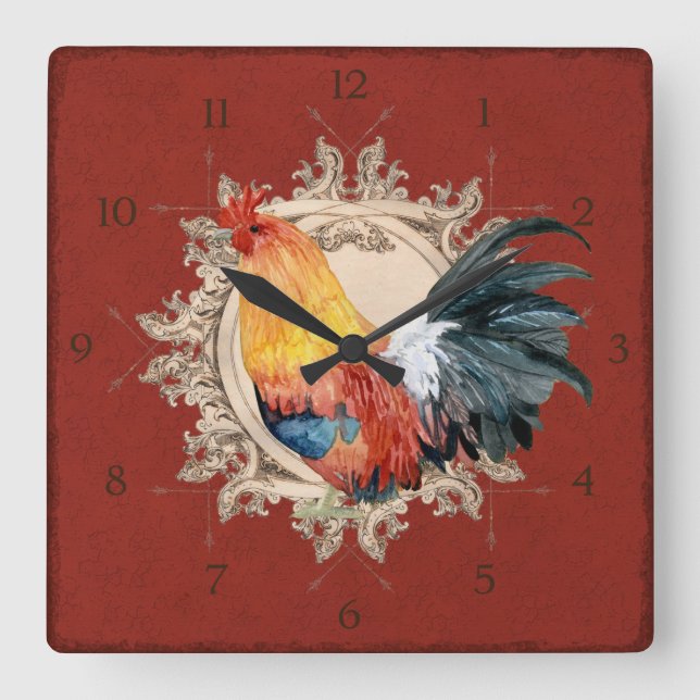 Relógio Quadrado Vintage Style Country Rustic Rooster Francês (Frente)