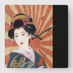 Relógio Quadrado Vintage Sun Rays Japonês Geisha Retro
