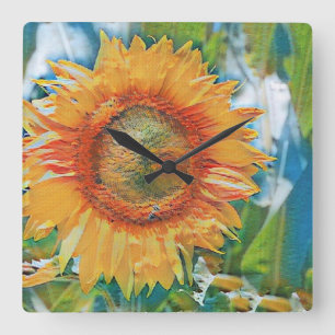 Relógio Quadrado Vintage Sunflower Watercolor Verde Azul Fundo