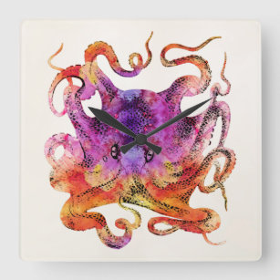 Relógio Quadrado Vintage Tie Dye Octopus Psychedelic Rainbow