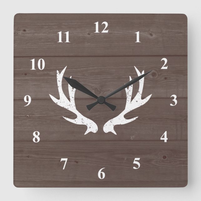 Relógio Quadrado Vintage veer antler wood grão grande parede relógi (Frente)