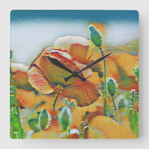 Relógio Quadrado Vintage Watercolor de Flores de Papoila Verde Lara