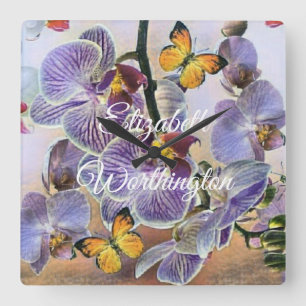 Relógio Quadrado Vintage Watercolor Flor Orquídea Púrpura Púrpura C