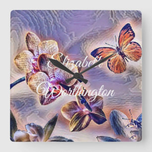 Relógio Quadrado Vintage Watercolor Orquídea Rosa Púrpura Branca Fl