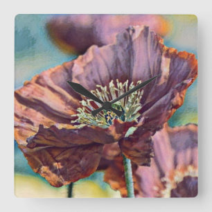 Relógio Quadrado Vintage Watercolor Red Purple Poppy Flowers 