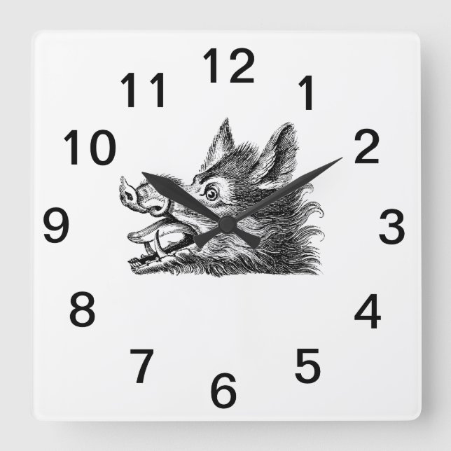 Relógio Quadrado Vintage Wild Boar Head Desenho BW (Frente)