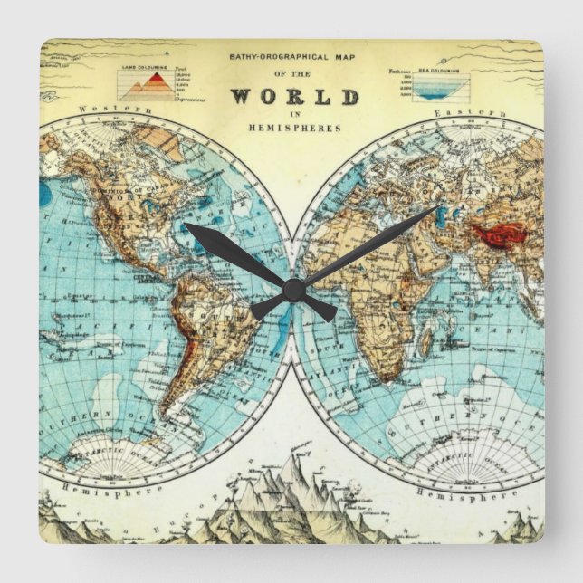 Relógio Quadrado Vintage World Map Clock (Frente)