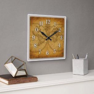 Relógio Quadrado Vintage World Map Square Wall Clock