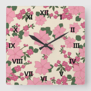 Relógio Quadrado Vintagem Floral Rosa