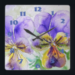 Relógio Quadrado Viola Purple Pansies Watercolor Flor<br><div class="desc">Chique Lilac Púrpura Pansies Pansy Floral Clock. Projetado a partir da minha arte original de aquarela.</div>