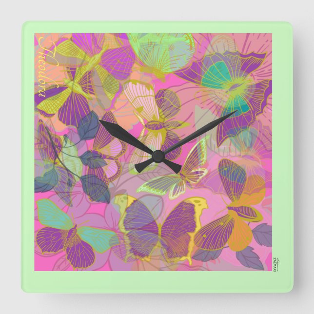 Relógio Quadrado Violeta de Turquesa de Borboleta Dourada (Frente)