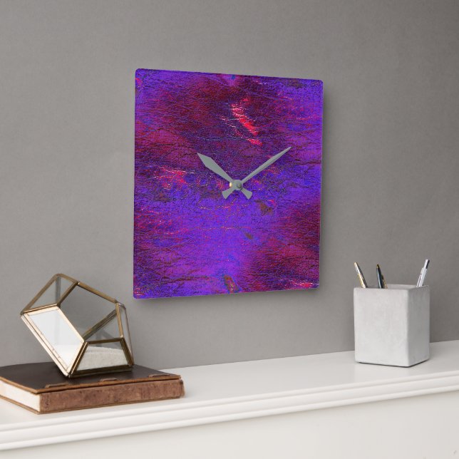 Relógio Quadrado Violeta gótica a couro aumentado vermelho manchado (Escritório)
