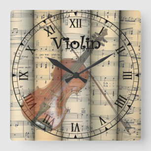 Relógio Quadrado Violin Transparente ~ Vintage Sheet Music ~