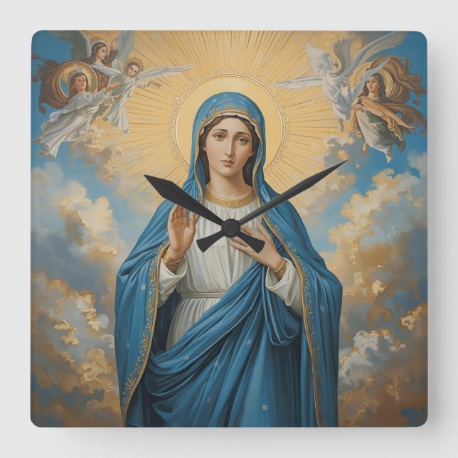Relógio Quadrado Virgem Maria celestial orando  (Frente)