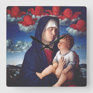 Relógio Quadrado Virgem Maria e Menino Arte Religiosa Clássica