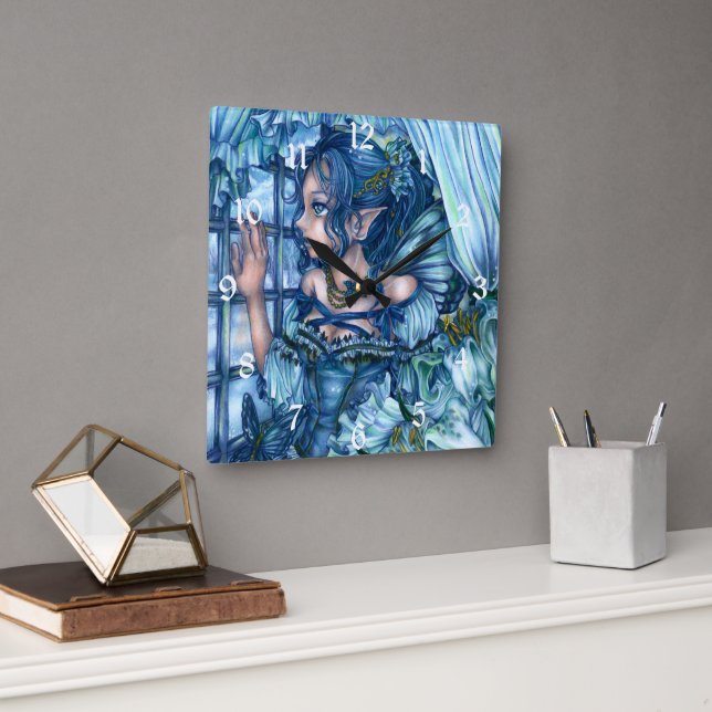 Relógio Quadrado Visão da Garota Fada da Geada de um Inverno Safira (Escritório)