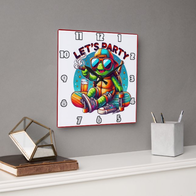 Relógio Quadrado Vísceras de calça de skate na festa da tartaruga (Escritório)