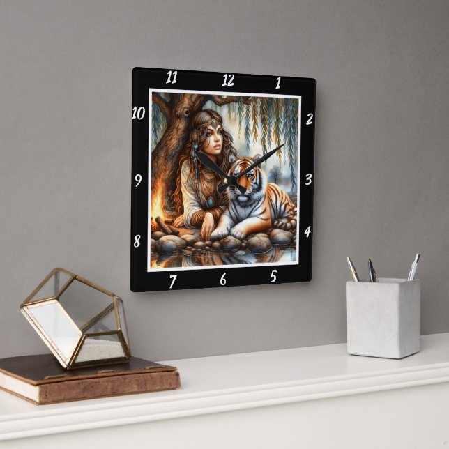 Relógio Quadrado Visões nativas: O sussurro do rio Aura, de Tiger (Escritório)