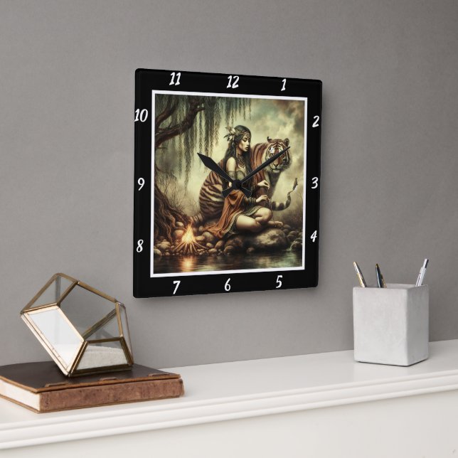 Relógio Quadrado Visões nativas: Tiger's Eyes Mountain's Mist (Escritório)