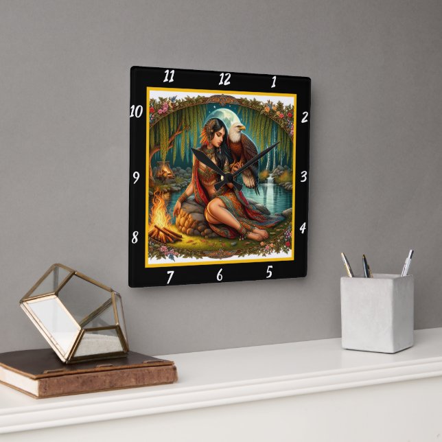 Relógio Quadrado Vistas nativos: Sombra da Floresta Span de Eagle (Escritório)