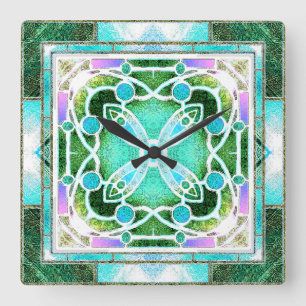 Relógio Quadrado Vitral de Catedral em Verde e Hortelã