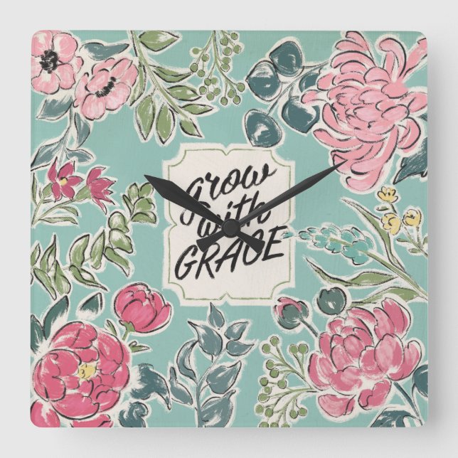 Relógio Quadrado Viva na flor | crescem com benevolência (Frente)