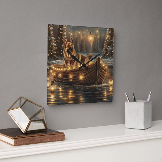 Relógio Quadrado Voz Festiva do Natal german shepherd (Escritório)